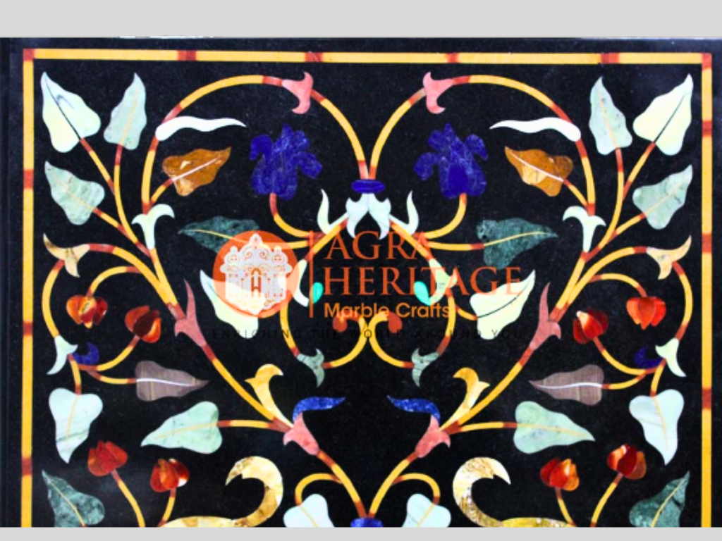 Black Marble Pietradura Floral Inlaid Art Table Top Decor